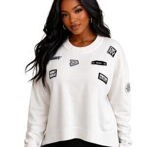 DKNY Womens Pins & Patches Sweater Large White Logo Crewneck Pullover Streetwear